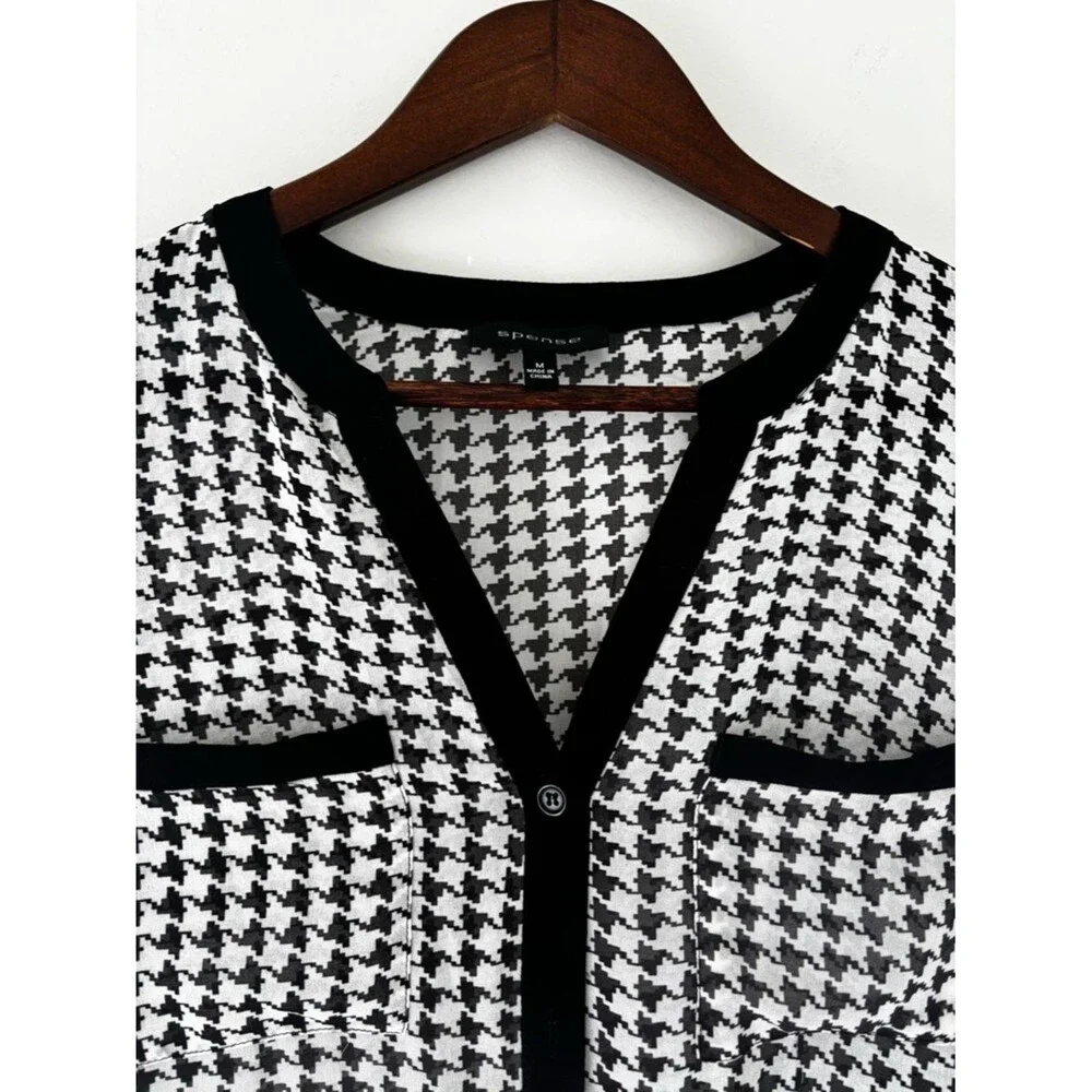 Classic Chic Houndstooth Blouse Black White Button Front Top